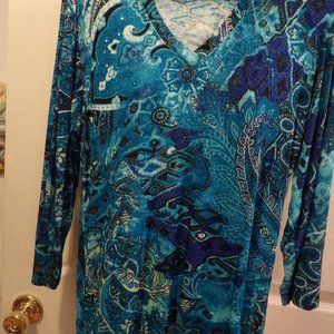 Great Chico's Knit Top - Sz. 1 - Teals/Blue/Blk.